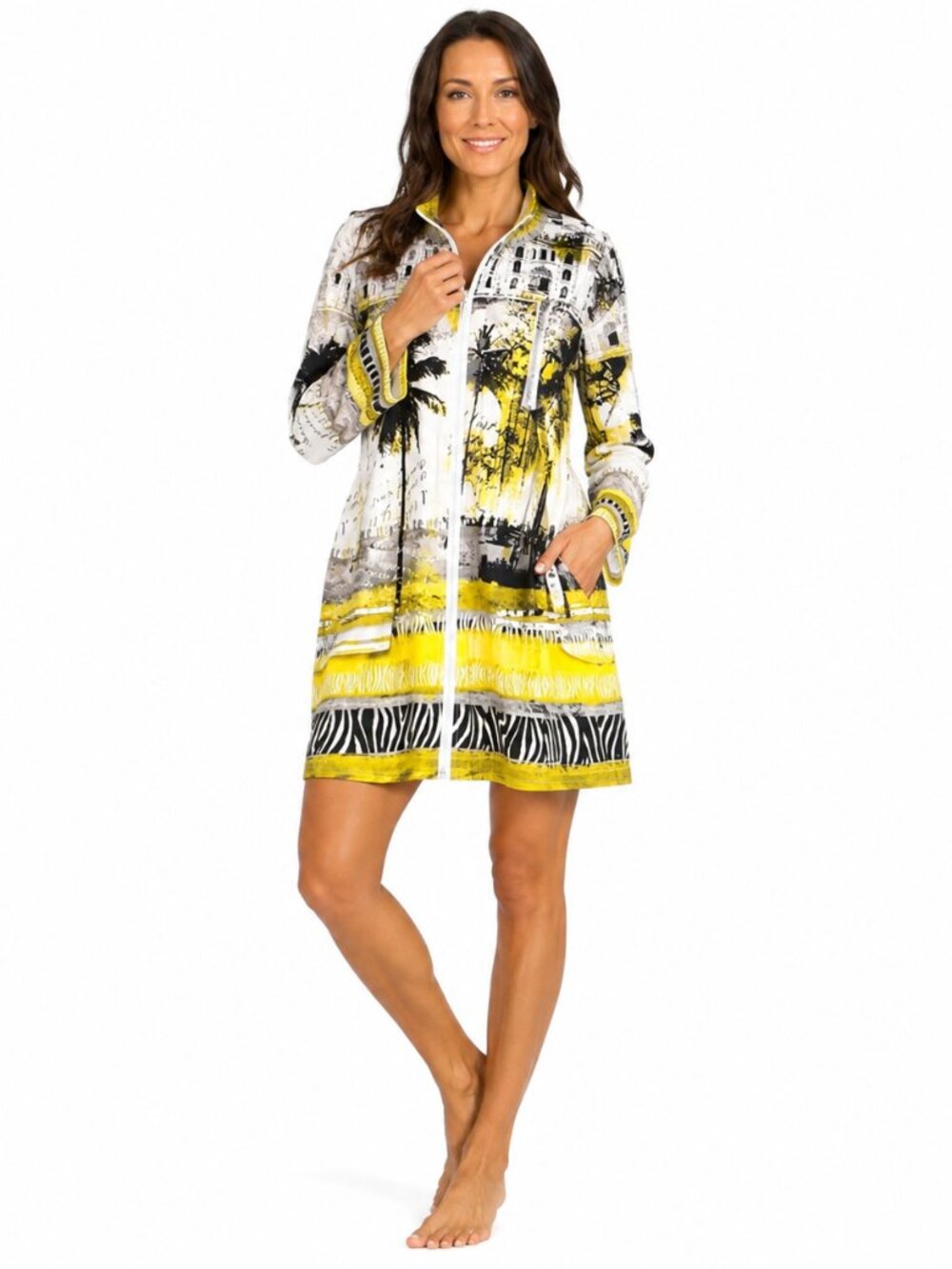 Onque Woman Yellow Palm-Print Zip Front Swim Coverup